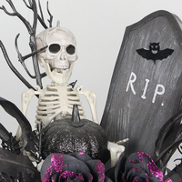 Ornamen tanaman pot Halloween, dekorasi pesta rumah, batu nisan, bunga hitam, kerangka mengerikan, ornamen tanaman pot Halloween