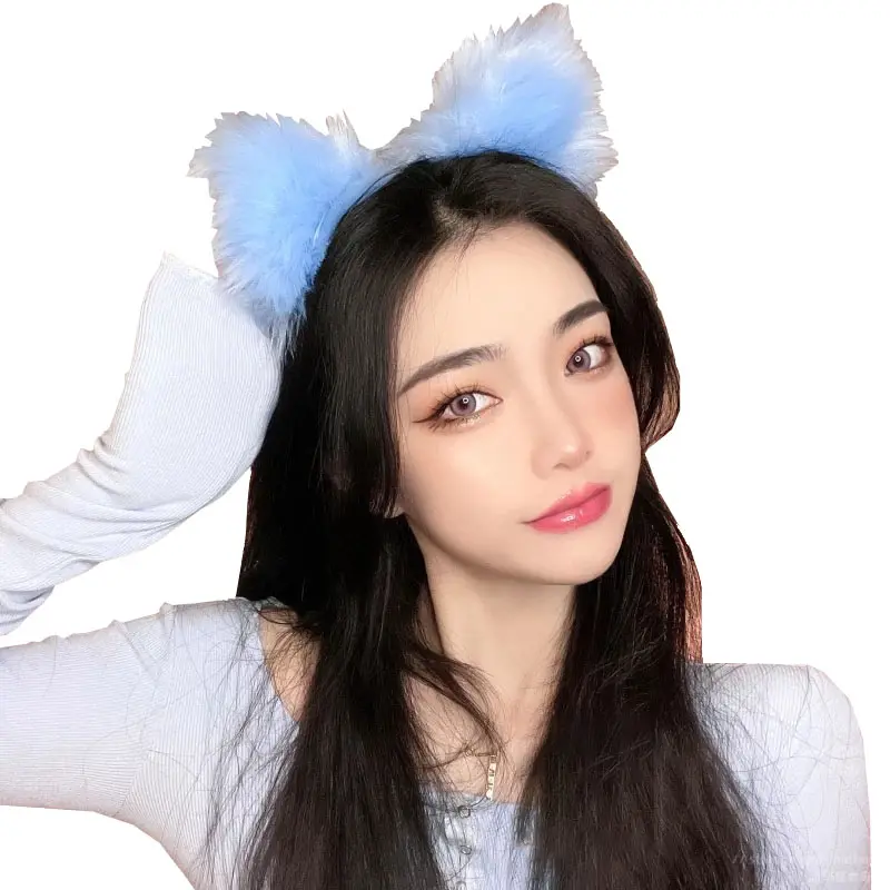 Cute Cat Mi Ear Headband Female Black Brown Pink Blue White Plush Animal Ears Hairpin Japanese-Style