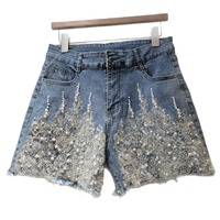 Shorts en jean pour femme, taille haute, ornés de perles, sexy, à sequins, avec ourlet en dentelle flamboyante, effet vieilli et effiloché, collection été 2026, vente en gros, tendance