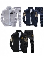 Ensemble de survêtement 2 pièces pour homme, veste zippée à col montant et pantalon de jogging à cordon de serrage, imprimé lettres, tenue de sport décontractée 100% coton