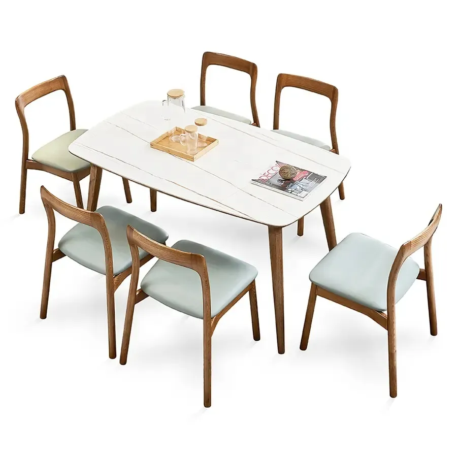 İtalyan tasarım zarif açık alüminyum tan deri yemek odası 6 sandalyeler 6 sandalyeler ile modern yemek seti yemek masası