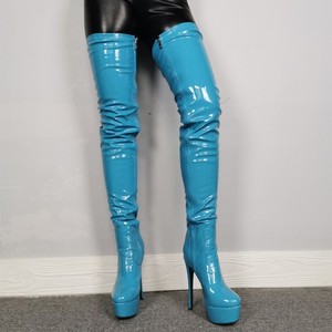 Botas Altas de Plataforma de Cuero Sintético Azul Reflectante para Mujer, Talla Grande 47, Tacón Fino, Cierre Lateral - Product Image 1