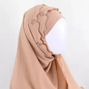 Hijab de lino y gasa para mujer, pañuelo bordado de encaje, moda de Malasia, nuevo diseño