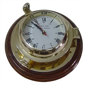 Handmade Brass Polish Porthole <b>Clock</b> with Wood Base Featuring Angel Theme for Sail Boat or Ship - Product Image 1
