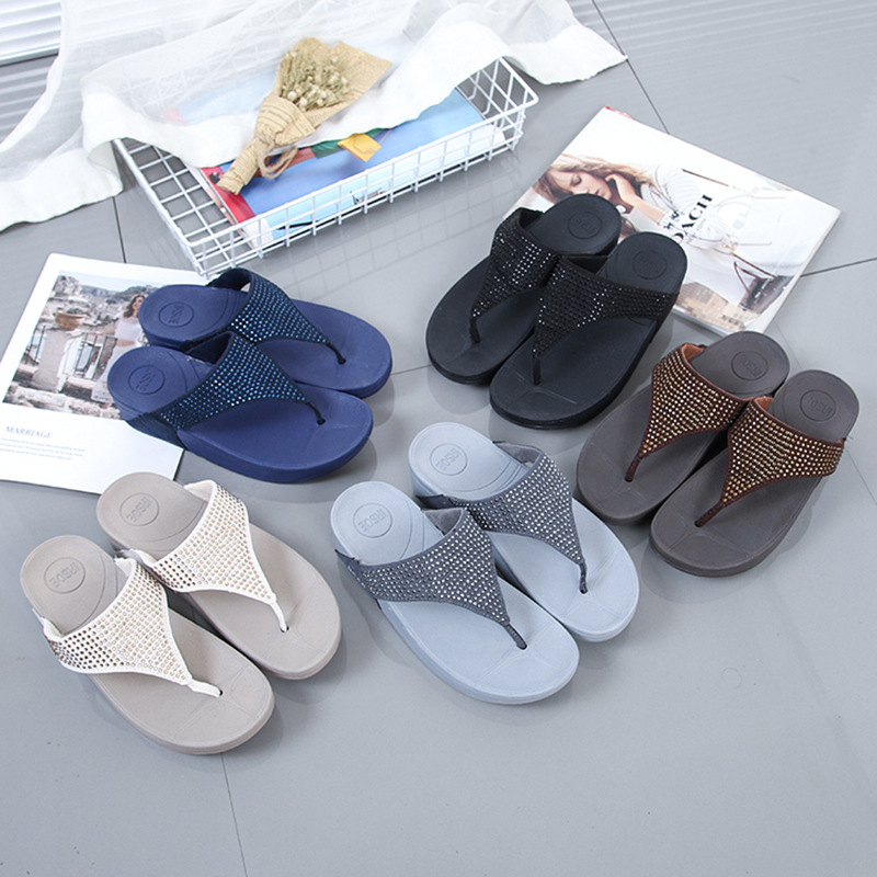 Summer Rhine-drill Flip-flops Slippers Women Medium Heels Sandals Non-slip Wedges Flip Flops