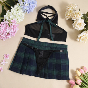 Conjunto de Lencería Sexy para Mujer, Disfraz de Colegiala, Top de Malla Transparente con Cuello Halter, Falda Plisada Verde a Cuadros, Cosplay - Product Image 4