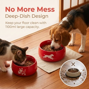 Tazón de Cerámica Rojo para Mascotas Serie Hello, 1100 ml, Plato Profundo Antiderrames para Agua y Comida para Perros y Gatos - Product Image 2