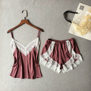 Women's Sleepwear Sexy Satin Pajama Set White Sleeveless <strong>Lace</strong> V-Neck Pyjamas Cute <strong>Cami</strong> <strong>Top</strong> and Shorts - Product Image 1