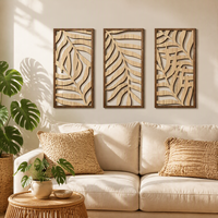 Ensemble de 3 décorations murales en bois, découpes de feuilles tropicales, décoration murale bohème en bois, vente en gros OEM, art mural feuilles tropicales