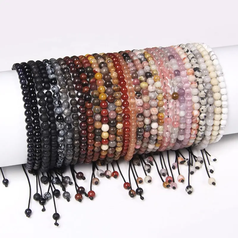 Pulsera de piedras preciosas de 4mm para hombre y mujer, brazalete ajustable con piedras preciosas de macramé, Jaspe Natural, Aventurina, Ojo de Tigre