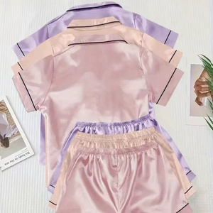 Pyjama d'été pour femme en satin de polyester couleur unie, col rabattu, manches courtes, short taille haute - Product Image 2