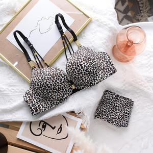 Ladies <b>Lingerie</b> Thong Panty Set Comfortable Soft <b>Sexy</b> Front Chest Gathered Padded Bra Sporty Cute Style XL Cup Leopard Wire Free - Product Image 4