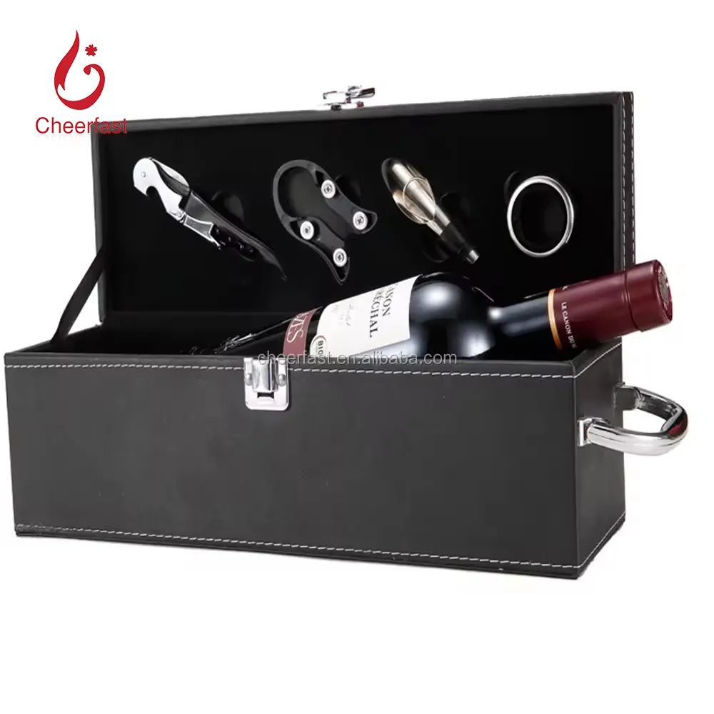 กล่องกระดาษแข็งเดี่ยวสีดำโปรโมชั่น,อุปกรณ์บาร์4ชิ้นขวดไวน์แดงหนัง PU กล่องของขวัญ