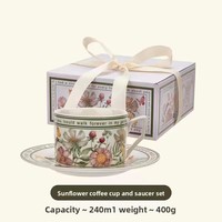 Ensemble tasse à café et soucoupe en céramique vintage, design rétro de luxe, motif tournesol, 240 ml, tasse à café en forme de fleur, boîte cadeau
