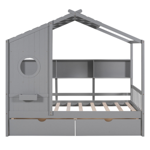 Lit superposé moderne en bois pour enfant avec 2 tiroirs, lit enfant avec étagère de rangement, gris - Product Image 3