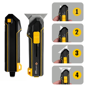 Cuchillo Multiusos 3 en 1 de Alta Resistencia 521020 con Cambio de Cuchilla por Botón, 5 Cuchillas, Raspador y Abrelatas para Cortar Cajas, Manualidades y Bricolaje - Product Image 2