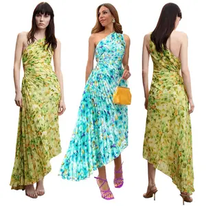 Хит продаж, новое летнее платье на одно плечо с фрагментированным цветочным принтом, плиссированное платье для вечеринок для женщин RC3154