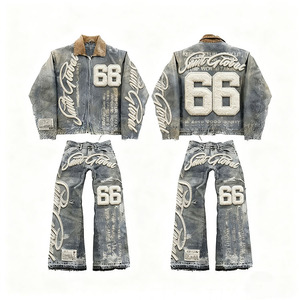 Set Completo di Design Personalizzato Streetwear Y2k da <span class=keywords><strong>Uomo</strong></span> e <span class=keywords><strong>Donna</strong></span> con Felpa e Pantaloni Effetto Distressed, Ricami Vintage, Strappi e Lavaggio Acido - Product Image 3