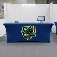 Housse de table extensible personnalisée de 1,80 m à dos ouvert, en spandex 3 côtés, impression couleur par sublimation, pour salon professionnel, fête ou événement