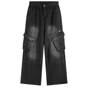 Pantalones Vaqueros Anchos Negros para Hombre, Estilo Cargo, con Múltiples Bolsillos, Corte Holgado, Moda Urbana Informal, Etiqueta Personalizada - Product Image 1