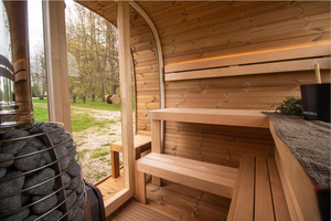 Sauna exterior de madera para 4 personas, de cedro rojo, con espejo, vidrio resistente a altas temperaturas y estufa de leña. - Product Image 5