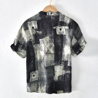 Kaos T-shirt Musim Panas Lengan Pendek Kasual Gaya Jepang Kerah Tegak Kancing Tersembunyi Bahan Linen 100% Poplin Floral Abstrak Grosir