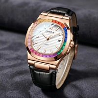 ONOLA ON3852CH Montre de couple tendance avec diamants colorés, en cuir véritable, de luxe, étanche, à quartz, pour homme, montre d'amour