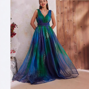 Vestido de Noche para Mujer, Escote en V Profundo, Espalda Descubierta, Estampado, Chifón, Maxi, Cintura Imperio, Verde, Poliéster, Largo, para Fiesta - Product Image 1