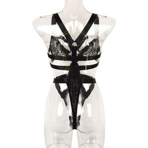 Body de malla transparente con estampado de leopardo y tiras cruzadas, conjunto sexy y exótico de sujetador y bragas con aberturas. - Product Image 6