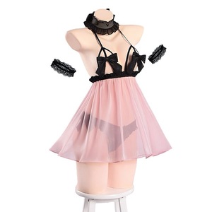 ชุดเดรสผูกโบว์หวานๆ ชุดนอนผ้าชีฟองสีชมพู ชุดนอนสตรี 079 - Product Image 1