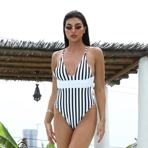 ملابس سباحة نسائية مخصصة برازيلية بخصر مرتفع وخطوط، بيكيني مع غطاء سفلي 2025، مقاسات كبيرة، قطعة واحدة - Product Image 1