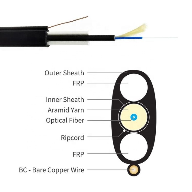 Optic Fiber Flat Drop Cable HDPE Jacket 1-12 Cores FRP Strength Non-metallic Cable Single Mode Flat Aerial Fiber Optic Cable