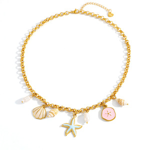 Collier en acier inoxydable avec pendentif étoile de mer et coquillage, plaqué or 18 carats, chaîne de clavicule, style vacances à la plage, bijoux superposés - Product Image 5