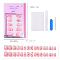 32 faux ongles roses à motif fleur de cerisier, style French manucure, courts, carrés, à pression, kit complet, logo personnalisé OEM