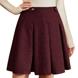 Minifalda plisada de cintura alta color borgoña para mujer, mezcla de lana y tweed, con botones decorativos, estilo vintage académico, para oficina o escuela - Product Image 1