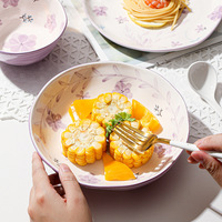 Ensemble de bols et d'assiettes en céramique de style rétro, luxe léger, adapté au micro-ondes, vente en gros, vaisselle violette, assiette à riz