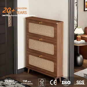 <span class=keywords><strong>Meuble</strong></span> à chaussures minimaliste en bois avec étagère rabattable en rotin pour couloir, rangement fin pour entrée, design moderne, écoresponsable, pieds coniques - Product Image 2