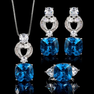 Fashion Elegant Eco-friendly Copper Gold Plated 12*12mm Blue Zircon Pendant <b>Earrings</b> Jewelry <b>Set</b> for Women High Quality - Product Image 3