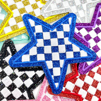 Écussons brodés personnalisés étoile à carreaux avec bordure scintillante, badges étoiles thermocollants brillants, broderie esthétique Y2K pour sacs et vêtements