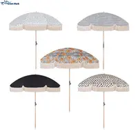 Vintage Boho Wooden Pole Canvas Fringed Sun Umbrellas with Tassels