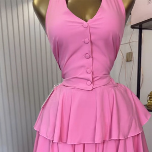 ชุดเซ็ต 2 ชิ้น เสื้อกั๊กแขนกุดแบบคล้องคอ กระโปรงทรงเค้กเอวสูง แฟชั่นสำหรับผู้หญิง - Product Image 5