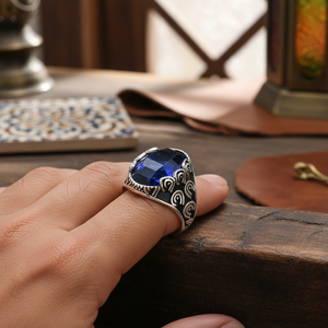 Oval Cut Sapphire Gemstone Ottoman Style Authentic <b>Men</b> <b>Ring</b> Turkish Wholesale Handmade 925 Sterling Silver - Product Image 3