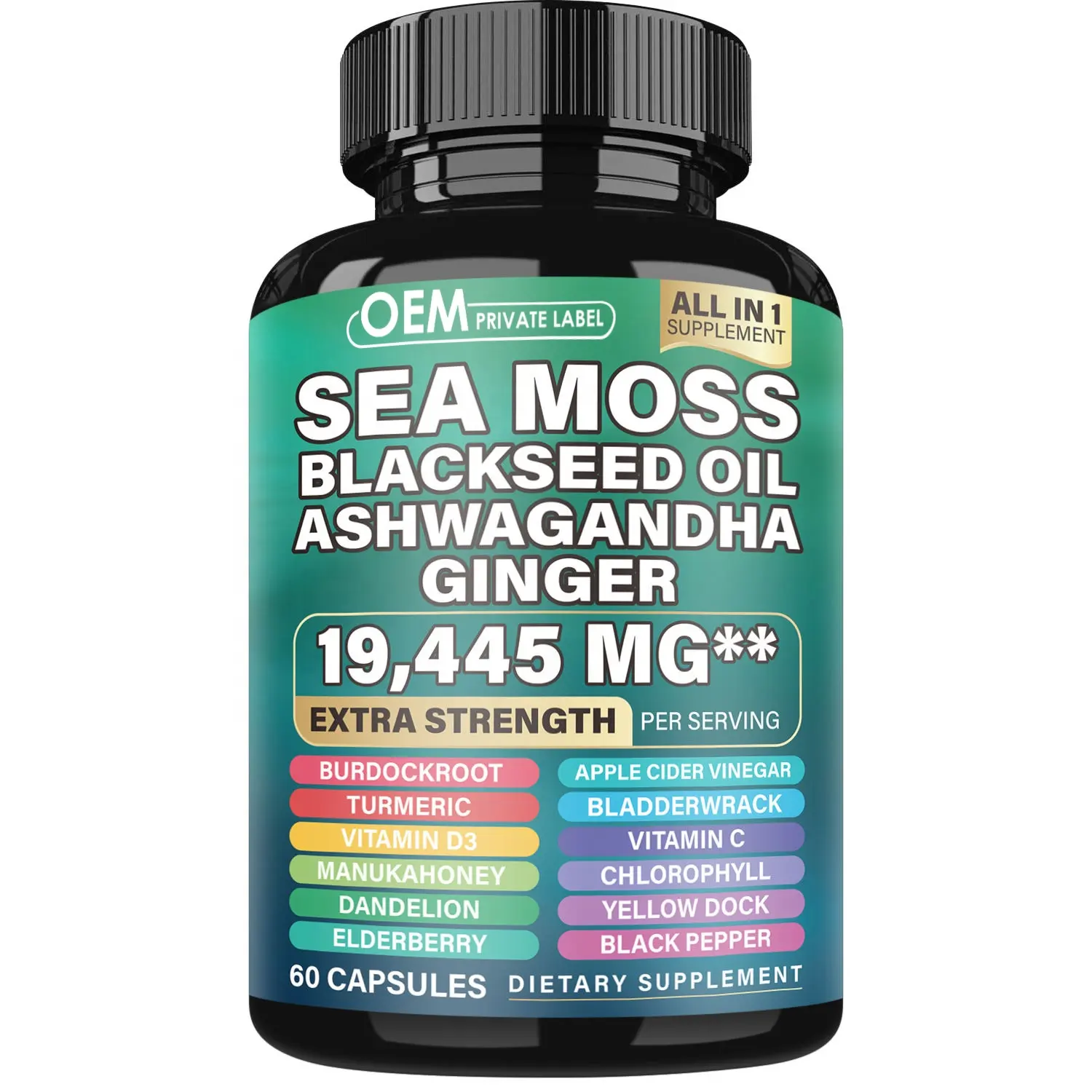 Cápsulas OEM Veagn de musgo marino con aceite de semilla negra Ashwagandha, múltiples ingredientes para el metabolismo energético, desintoxicación y limpieza