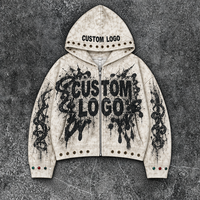 Sweat à capuche zippé personnalisé pour homme, couleur ivoire délavé, avec motif éclaboussures d'encre et œillets métalliques, style streetwear, OEM ODM