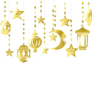 Muslim Eid Al-Fitr Festival Party Shining Gold Star Moon Decoration Set Islam Hanging Ornamentation for Home