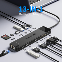 TC100 Hub USB Tipe C ke HDMI ganda, Hub USB 3.0 VGA 3.5MM 1000M RJ45 kecepatan tinggi 13 in 1 dengan Slot kartu TF PD SD 100W
