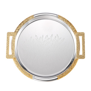 Plateau décoratif en métal poli miroir bicolore or et argent antique pour table basse de salon - Product Image 4