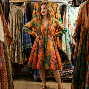 Tissu en soie pour femmes tie dye imprimé Boho court volant Dori robe de soirée Sexy col en v fronde plissée pour le printemps été formel - Product Image 1