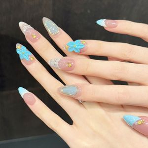 <span class=keywords><strong>Uñas</strong></span> postizas acrílicas hechas a mano estilo océano 3D con flores tropicales, forma almendrada, 10 unidades, con logo personalizado, venta al por mayor - Product Image 4