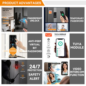 Serrure de <span class=keywords><strong>porte</strong></span> intelligente à empreintes digitales standard US avec application Tuya et vidéo bidirectionnelle, compatible avec les portes en acier, déverrouillage par mot de passe/carte/clé/application - Product Image 2